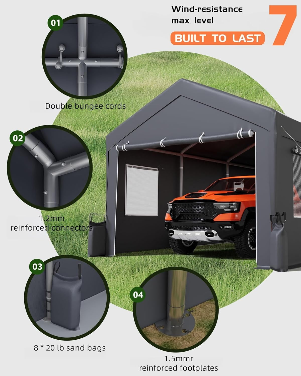 Historyli Carport Canopy, 10X20 Ft, Portable Garage, with 4 Roll-Up Windows & Doors, Grey