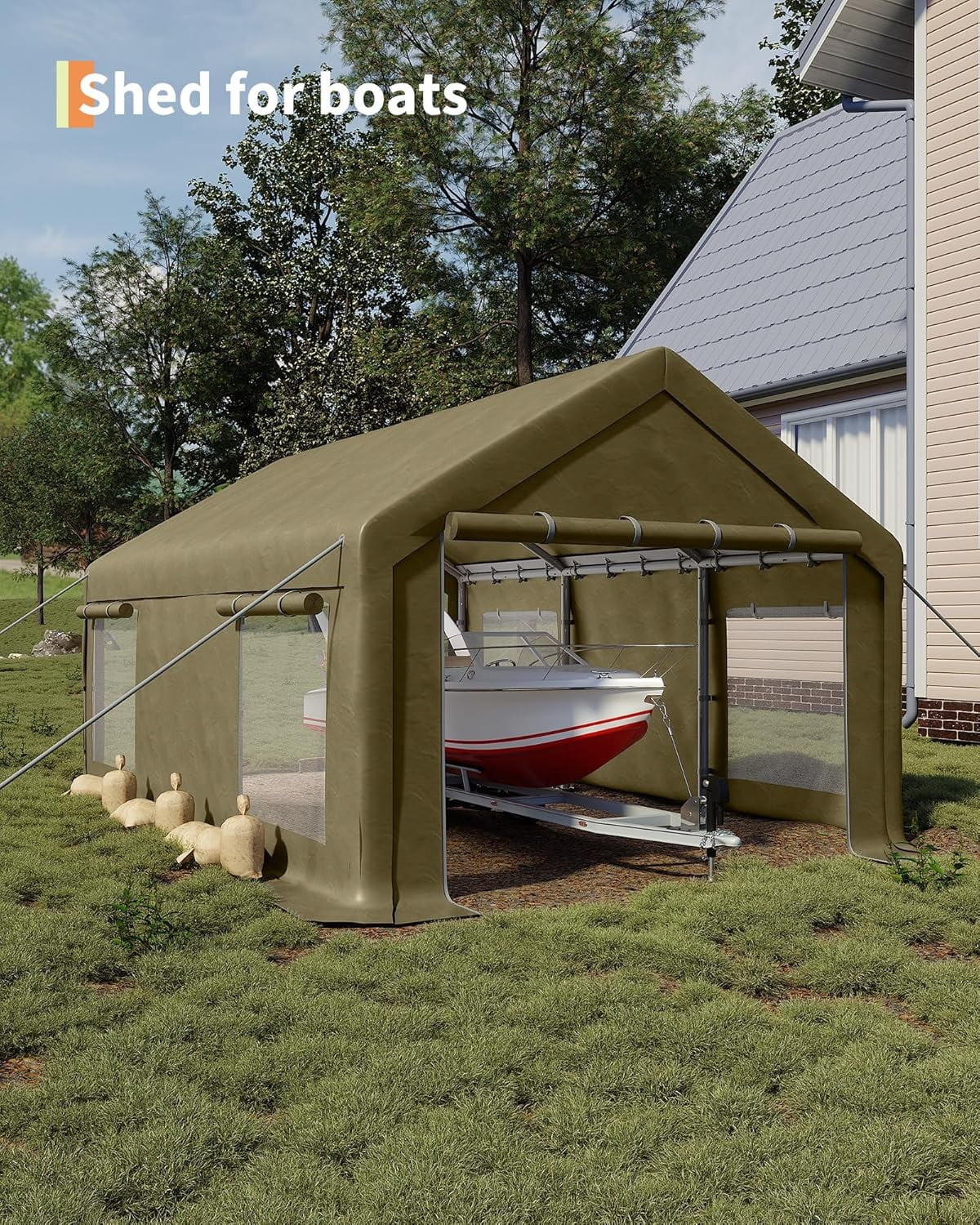 Historyli Carport Canopy, 10X20 Ft, Portable Garage, with 4 Roll-Up Windows & Doors, Khaki