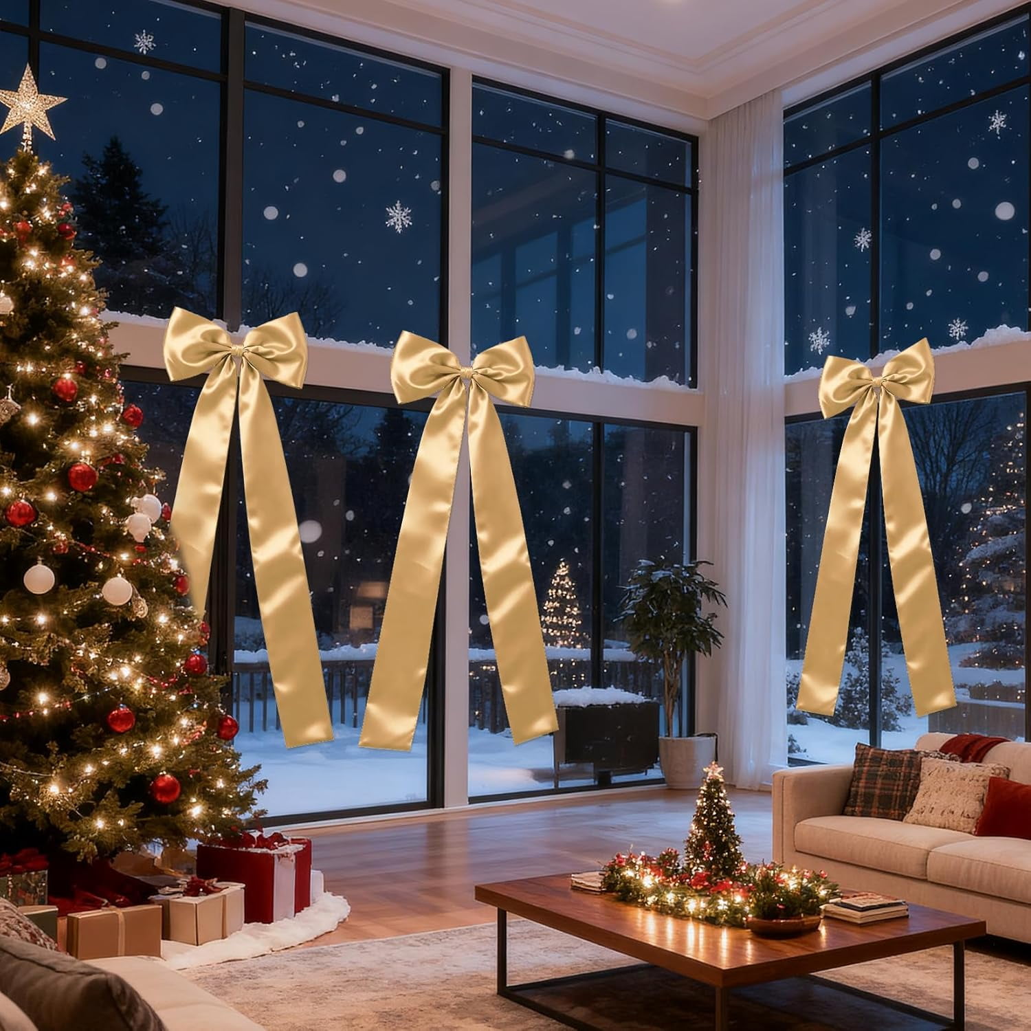 Historyli Christmas Tree Topper Bow, Classic Gold Ribbon Bow, for Xmas Tree Decor, Gold