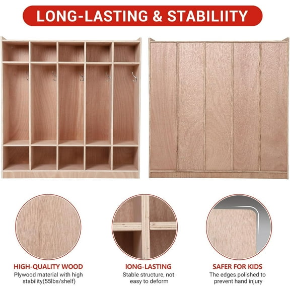 Historyli Classroom Coat Locker-Sturdy and Stylish 5-Section with Ample Storage Space-10 Cubbies,5 Hooks,2 Storage Boxes-Ideal for Home,School