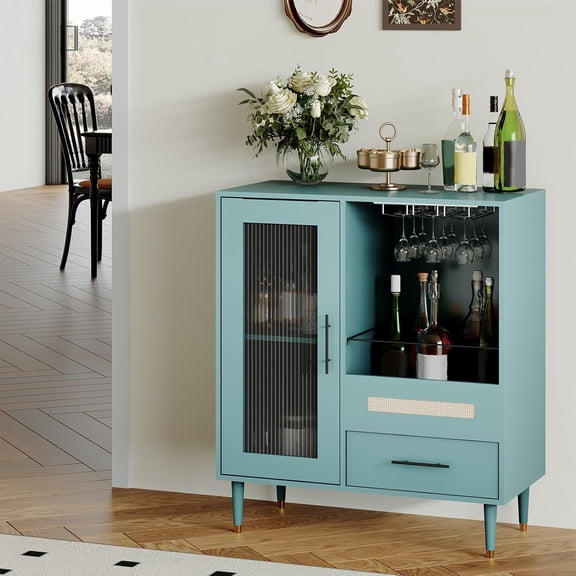 Historyli Coffee Bar Cabinet-30.7Inch with Wine Glass Rack & Storage-Modern Buffet Sideboard and Liquor Cabinet for Kitchen-Green