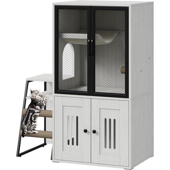 Historyli Double Cat House,Cat Litter Box Enclosure for 2 Cats and Doors with Storage Space,Hidden Storage and Ladder,White