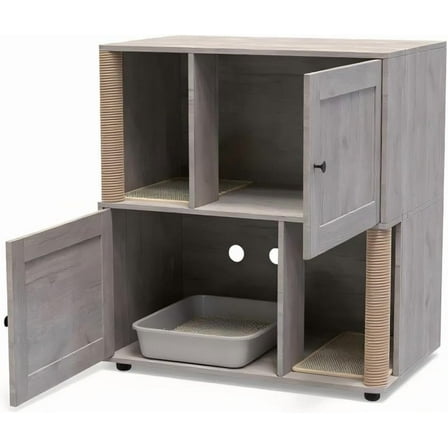 Historyli Double Cat Litter Box Enclosure Furniture,Wooden Enclosed Litter Box, Two-Unit Hidden Litter Cabinet,Farmhouse Indoor Cat Cabinet with Scratching Mat,Washroom End Table,Basic Gray model