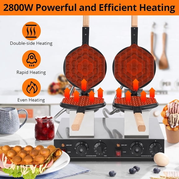 Historyli Double Head Bubble Waffle Maker, Commercial Rotated Stainless Steel Non-Stick Egg Waffle Maker