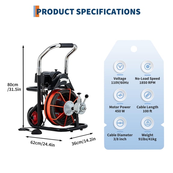 Historyli Drain Cleaner Machine, 450W Auto Feed Electric Sewer Snake Auger with 10 Cutters & Wheels, Black