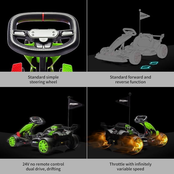 Historyli Electric Drift Kart-24V Ride Car with Adjustable Seat & 8.5MPH Speed-EVA Silent Wheels-Ride-On Toy for Ages 6-12-Green