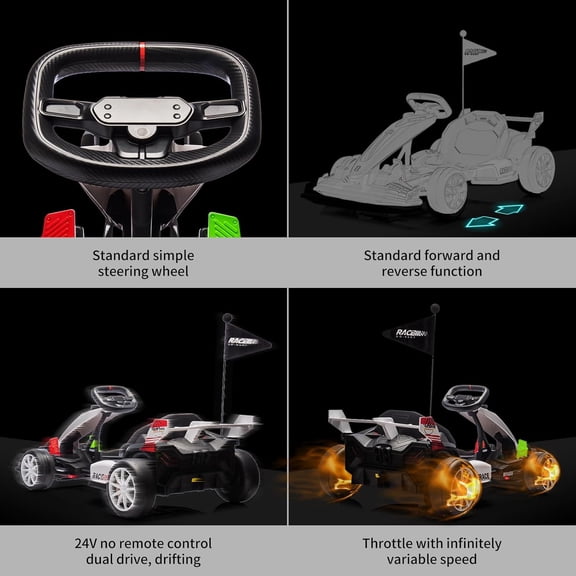 Historyli Electric Drift Kart-24V Ride Car with Adjustable Seat & 8.5MPH Speed-EVA Silent Wheels-Ride-On Toy for Ages 6-12-White