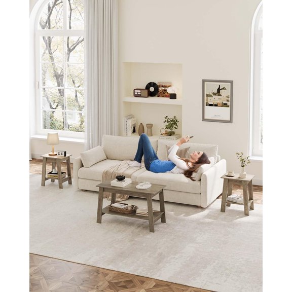 Historyli End Table, with Double Storage Shelves, Wood, for Small Space, Gray