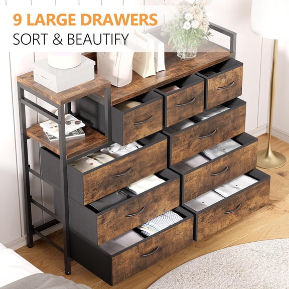 Historyli Fabric Dresser, 39Inch, 9-Drawer, Closet Organizers and Storage, with Charging Station, Tiger stripes