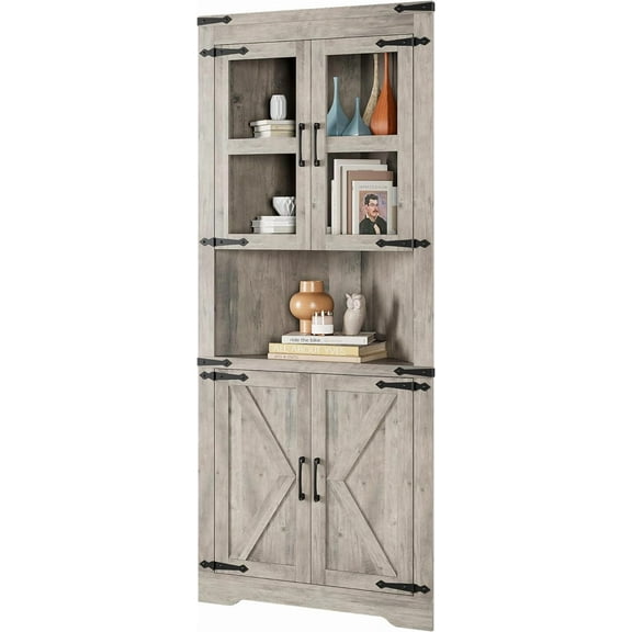 Historyli Farmhouse Corner Cabinet, Tall Corner Storage Cabinet with Glass Door & Adjustable Shelves, Bathroom Cabinet with Storage for Living Room, Kitchen， Washed Grey