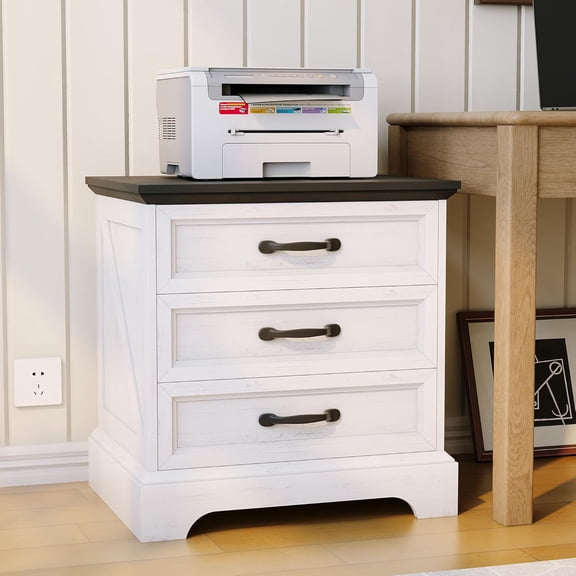 Historyli Farmhouse Wood Nightstand-1PC with Charging Station & 3 Large Drawers-24 Inch Wide Rustic Bedside Table & End Table with Storage Bedside Cabinet-White