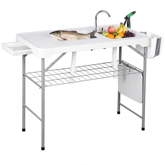 Historyli Folding Fish Cleaning Table with 2 Sinks, Portable Camping Sink Table with Foldable Faucet, Drainage Hose, Sprayer, Grid Rack, Trash Can, Drawer & Knife Groove