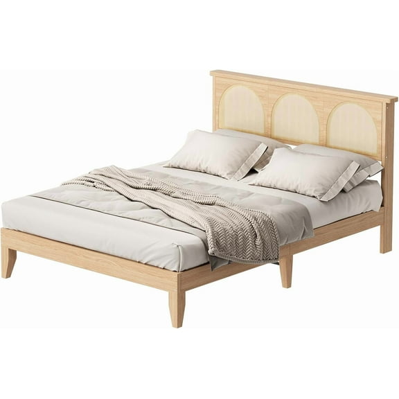 Historyli Full Size Boho Rattan Bed Frame,Wooden Bed Platform with Storage,Smart RGB LED Natural Rattan Headboard,No Box Spring Needed,Easy Assembly Solid Wood Foundation with Silent Slats,QUEEN
