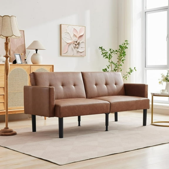 Historyli Futon Sofa Bed with Linen Frame,Convertible Sleeper Sofa Couch,Mid Century Modern Loveseat,Space-Saving Couch Bed for Home,Office.,PU Brown