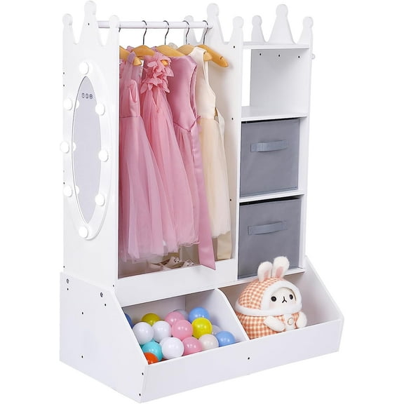 Historyli Girls Dress Up Storage with Light & Mirror,Kids Armoire with Clothing Rack, Storage Shelves & Bins, Wardrobe Organizer for Toys & Clothes,White