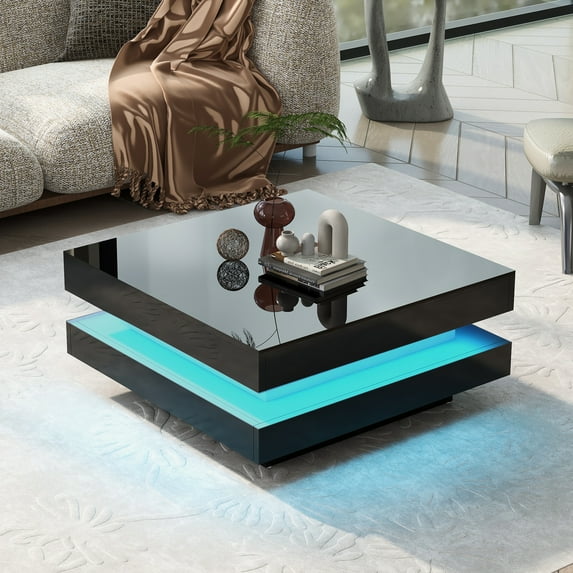 Historyli Go5H 2-Tier Square Coffee Table With LED Lights Center Sofa Table Multifunctional Cocktail Table For Living Room Dining Room Bedroom (31.5''x31.5''x14.2'' )