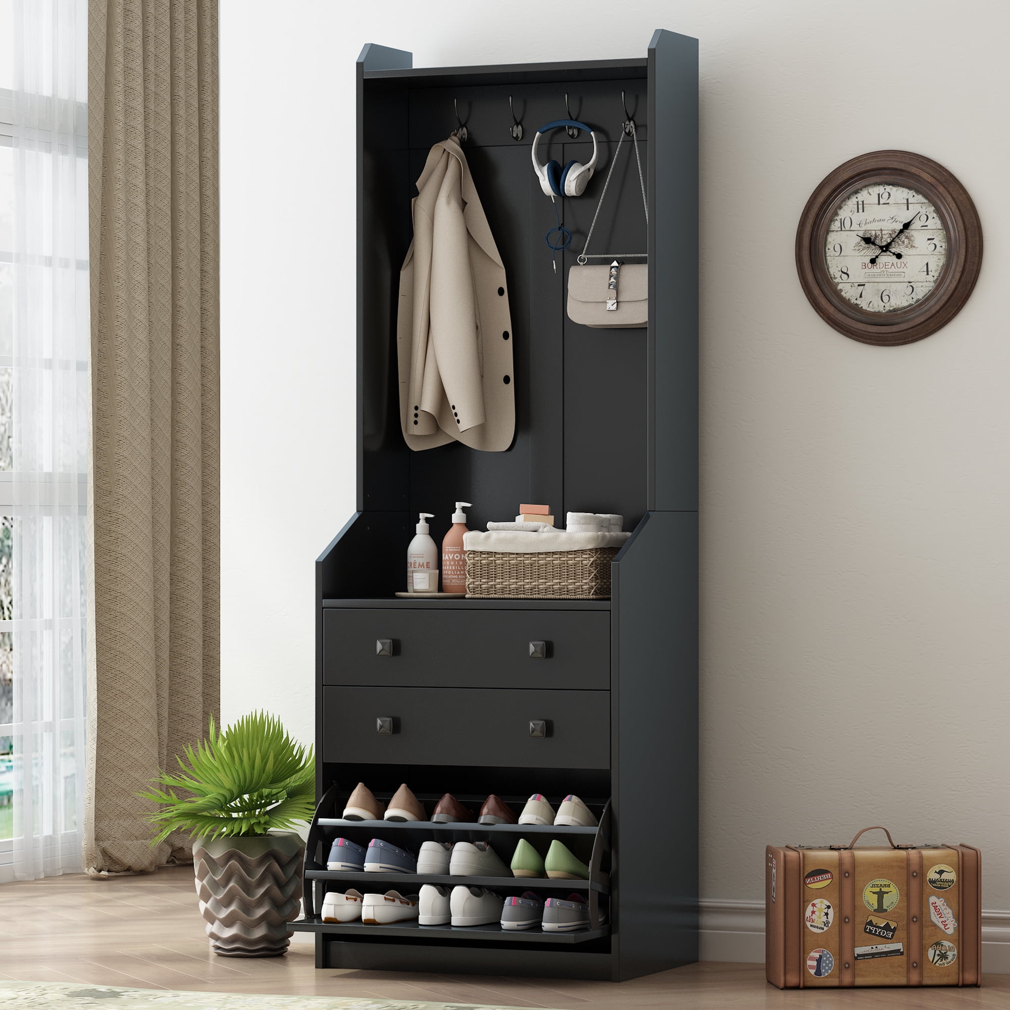 Historyli Go5H 27.5''W Narrow Hall Tree With 4 Hanging Hooks,Drawer ...