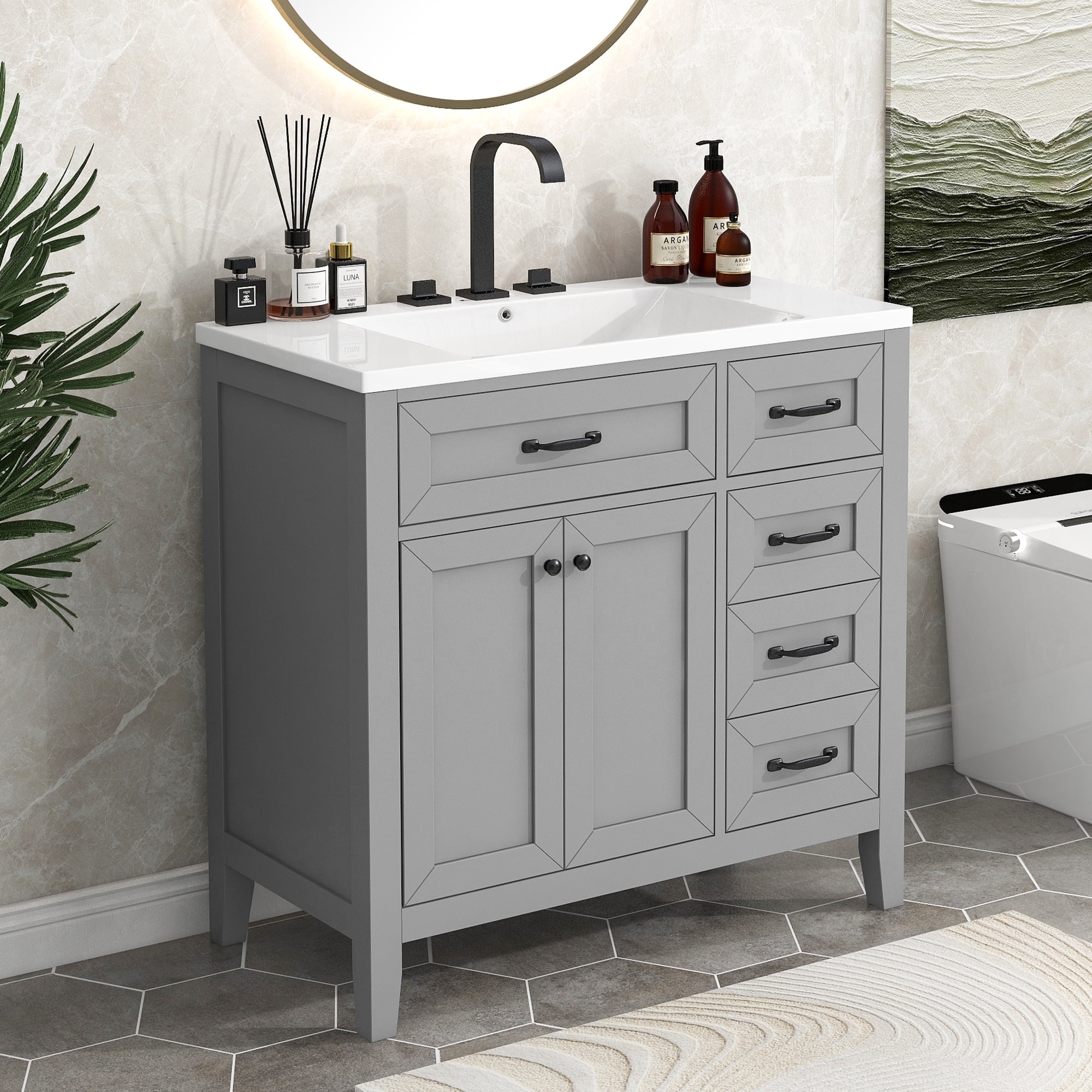 Gray 36-Inch Freestanding Bathroom Vanity with Ceramic Sink