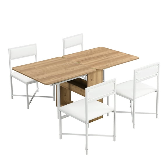 Historyli Go5H 5-Piece Extendable Dining Table Set, Modern Compact Kitchen Table Set With Storage Rack And 4 Upholstered Dining Chairs,For Small Places