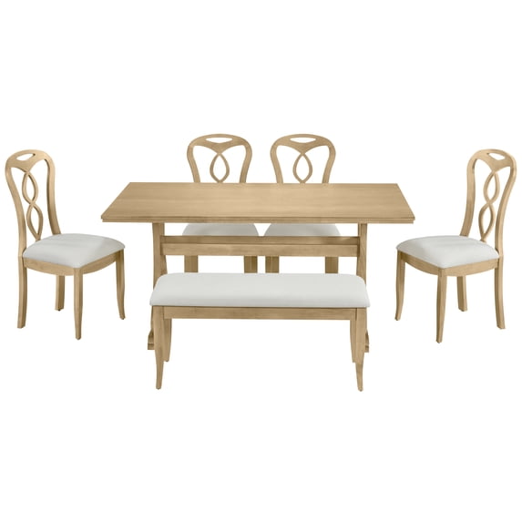 Historyli Go5H 6-Piece Dining Table Set, Rubber Wood Retro Dining Table With 4 Upholstered Dining Chairs And 1 Dining Bench, For Dining Room Living Room