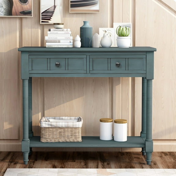 Historyli Go5H Farmhouse Entryway Table Console Tables With Bottom Shelf 2 Drawers Solid Wood Legs Sofa Console Table For Living Room Hallway
