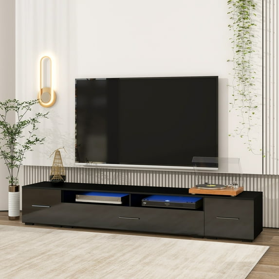 Historyli Go5H Minimalist Design TV Stand With Color Changing LED Lights Modern Universal Entertainment Center High Gloss TV Cabinet For 90+ Inch TV Living Room