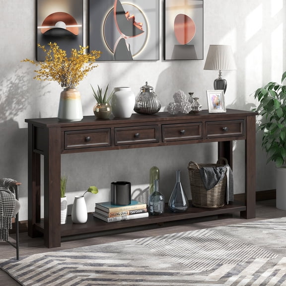 Historyli Go5H Narrow Sofa Table Console Tables With Bottom Shelf 4 Drawers Solid Wood Legs Farmhouse Entryway Cabinets For Hallway Living Room