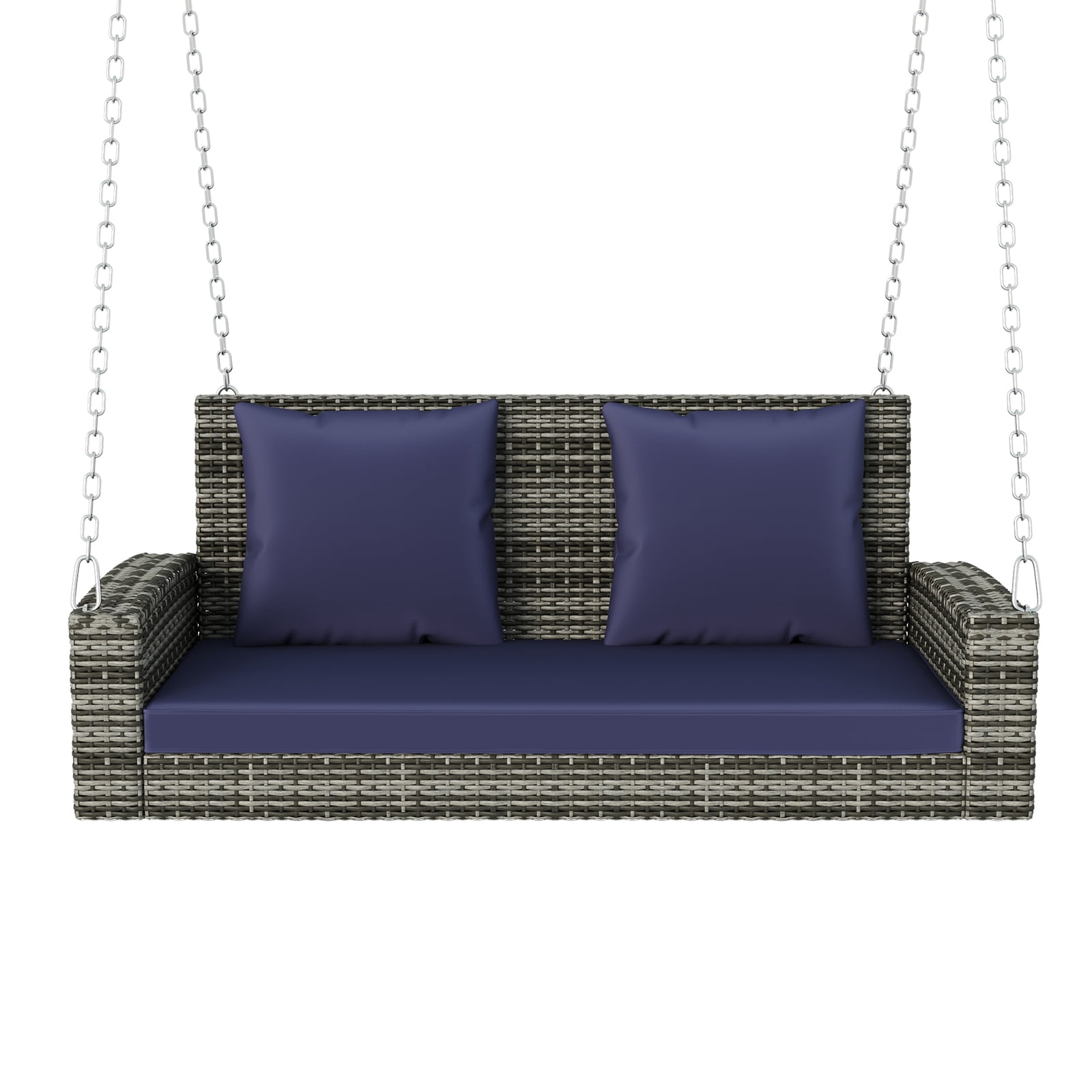 Blue-gray Wicker Porch Swing with Cushions and Galvanized Steel Frame