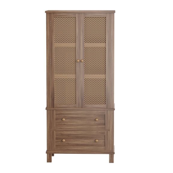 Historyli Go5H Pantry Storage locker,Tall locker with Rattan Doors and 2 Drawers, Freestanding Cupboard with Adjustable Shelves, Utility Pantry,for Dining Room