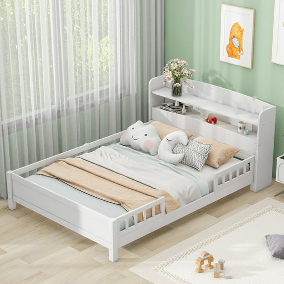 Historyli Go5H Platform Bed With Storage Shelves LED Light Headboard Guardrail Platform Bed Frame Support No Box Spring Needed