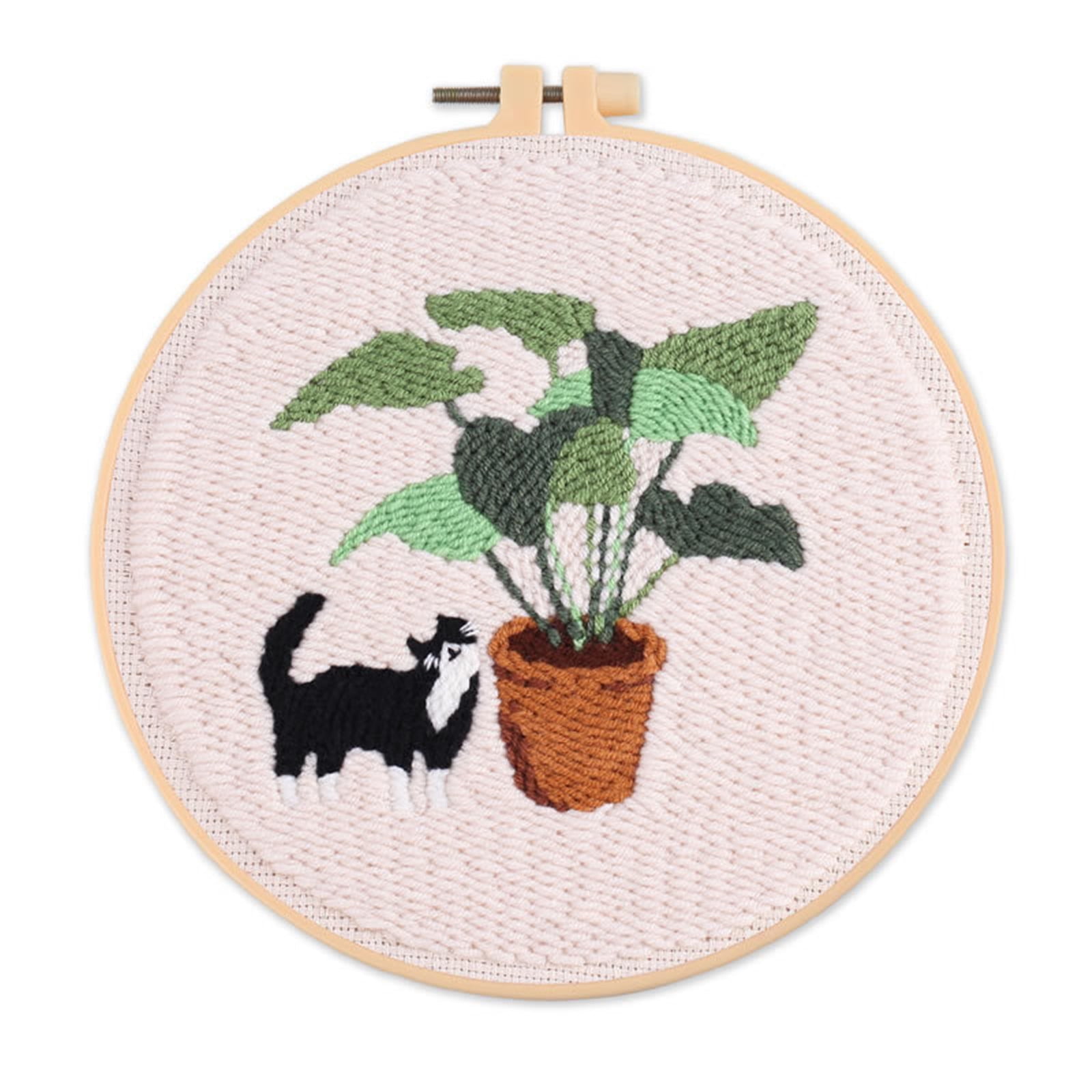 Historyli Go5H Punch Needle Kits For Beginners, Cute Cat And Green Plant Themed Punch Needle Embroidery Starter Kits With Punch Needle Fabric And Embroidery Hoops