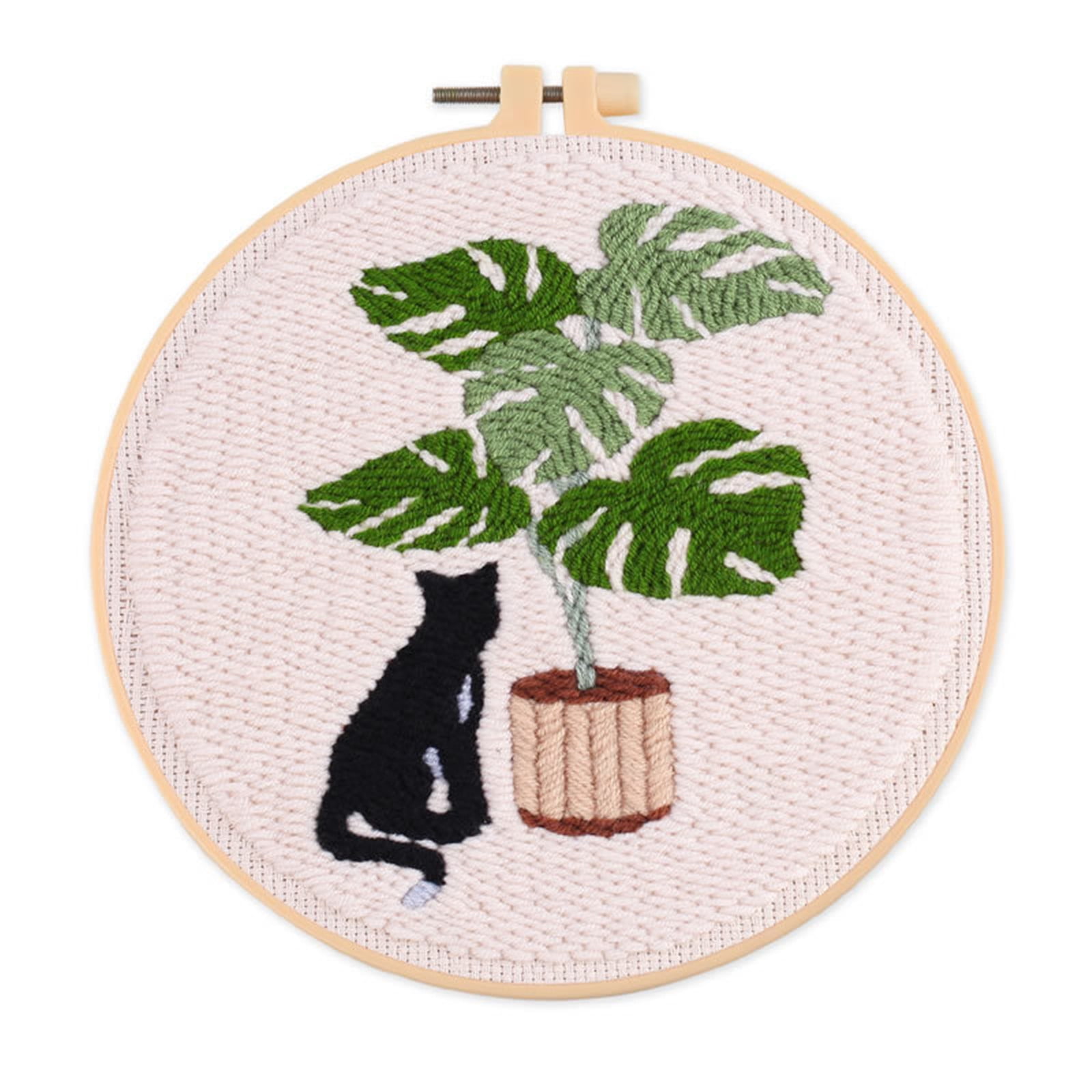 Historyli Go5H Punch Needle Kits For Beginners, Cute Cat And Green Plant Themed Punch Needle Embroidery Starter Kits With Punch Needle Fabric And Embroidery Hoops