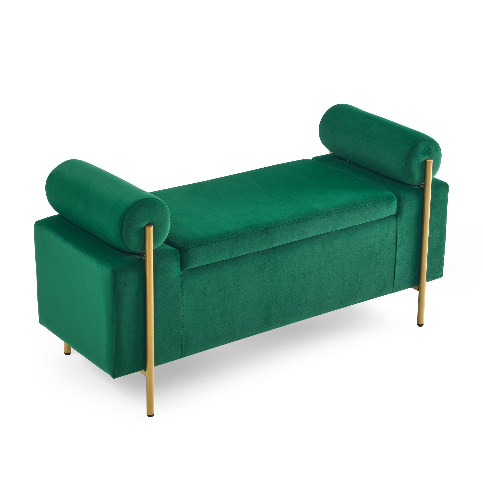 Green Upholstered Linen Storage Bench with Gold Iron Legs