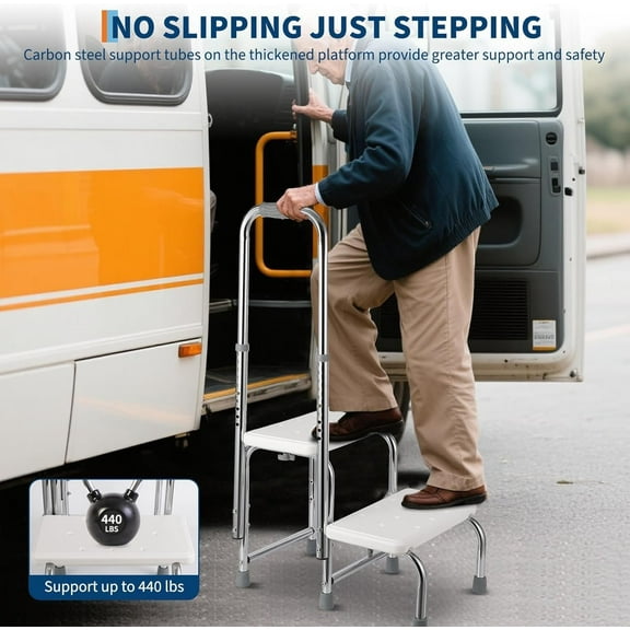Historyli Heavy Duty 2 Steps Foot Stool for Adult,Seniors,Step Stool with Dual Handle and Non-Skid Platform,Height Adjustable,Single Handrails and Double Layers