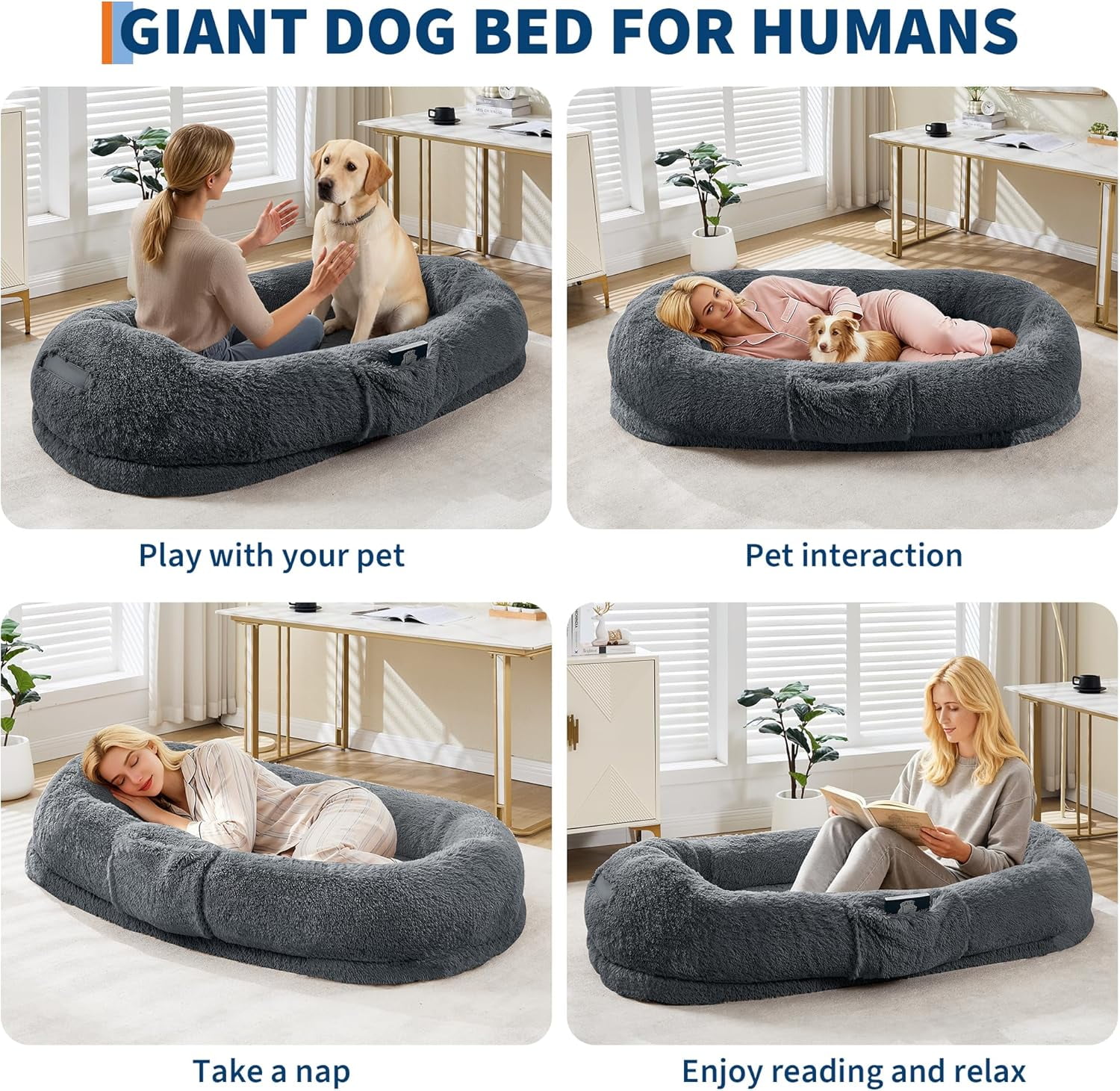 Historyli Human Dog Bed-65 Inch for Adult and Pets-No Assembly Required,Washable Fluffy Faux Fur,Napping Orthopedic Dog Bed with Side Pocket,Strap