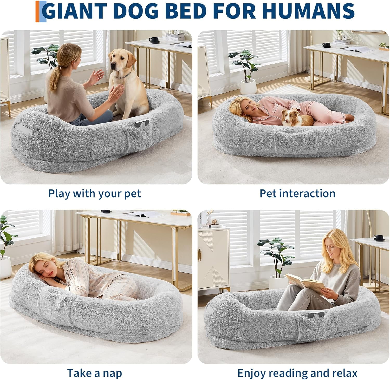 Historyli Human Dog Bed-65 Inch for Adult and Pets-No Assembly Required,Washable Fluffy Faux Fur,Napping Orthopedic Dog Bed with Side Pocket,Strap
