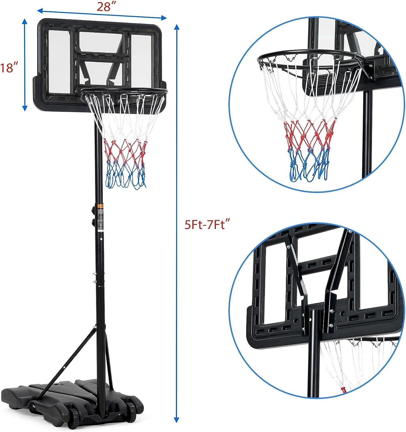 Historyli Indoor Outdoor Portable Basketball Hoop, 5-7FT Adjustable, with PC Backboard