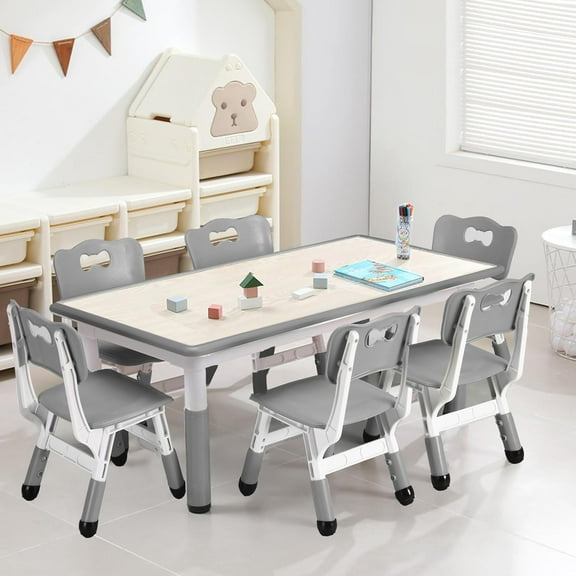 Historyli Kids Table and 6 Chairs Set, Height Adjustable with Graffiti Desktop and Non-Slip Legs, Max 300lbs Kids Activity Art Table for Ages 2-10,Gray