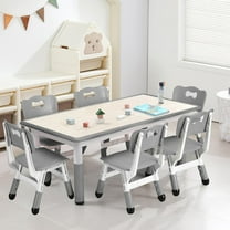 Historyli Kids Table and 6 Chairs Set, Height Adjustable with Graffiti Desktop and Non-Slip Legs, Max 300lbs Kids Activity Art Table for Ages 2-10,Gray