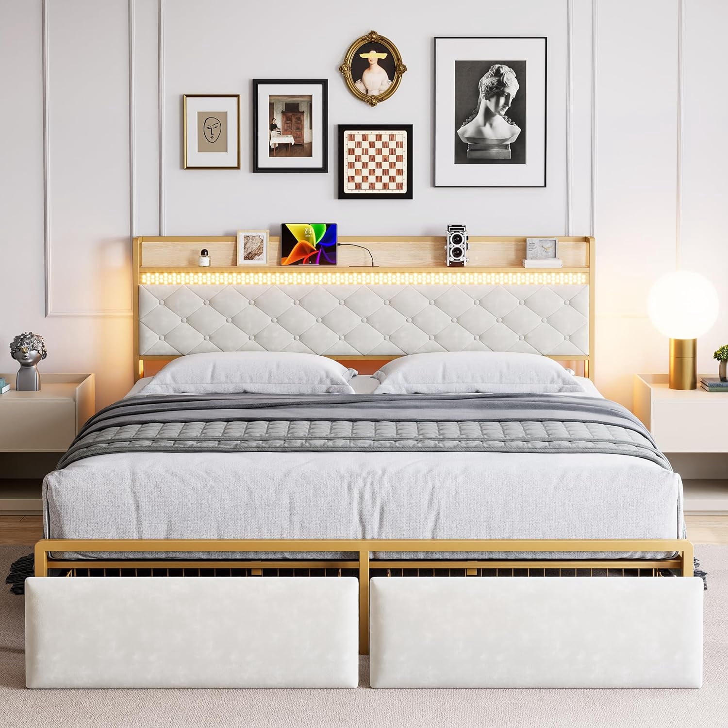 Historyli King Size Bed Frame with RGB LED Lights,Storage Headboard & 2 Storage Drawers,Upholstered Platform Bed with USB Ports & Outlets,Noise Free,Easy Assembly,No Box Spring Needed,White