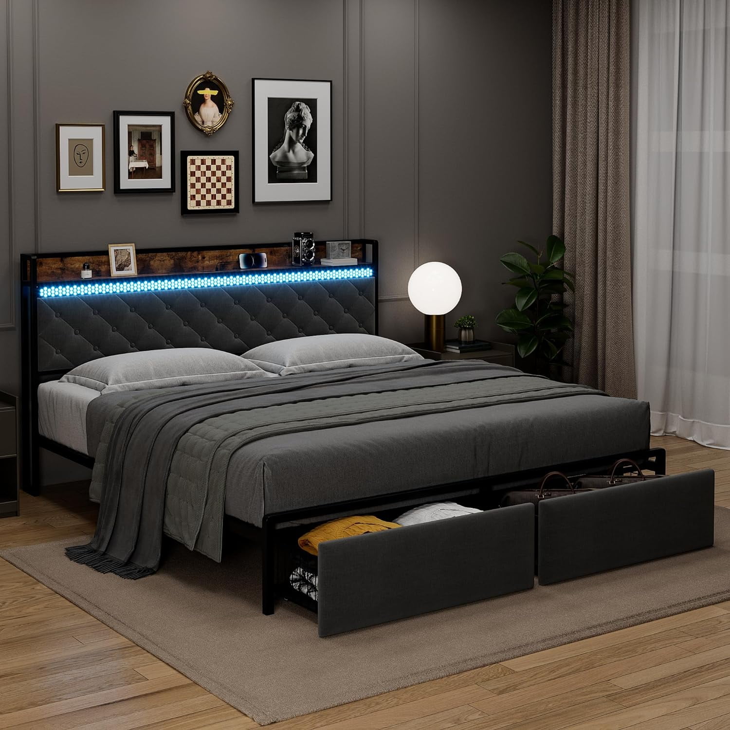 Historyli King Size Bed Frame with RGB LED Lights,Storage Headboard & 2 Storage Drawers,Upholstered Platform Bed with USB Ports & Outlets,Noise Free,Easy Assembly,No Box Spring Needed,Grey