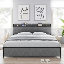 Historyli King Size Bed Frame with Headboard and Drawers,Storage Platform Bed Frame with Chargin Station,Heavy Duty,No Box Spring Needed,Light Grey