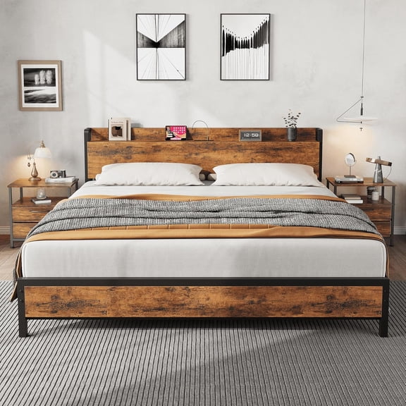 Historyli King Size Industrial Platform Bed Frame with USB Charging Station & 2-Tier Storage - No Box Spring Needed,Retro Brown Wood Finish,Heavy Duty Metal Frame with Headboard,Retro color
