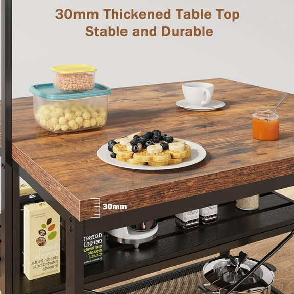 Historyli Kitchen Island, with Storage & Seating, 3-Tier Bakers Rack, Microwave Stand, 42inch, Retro color top plate