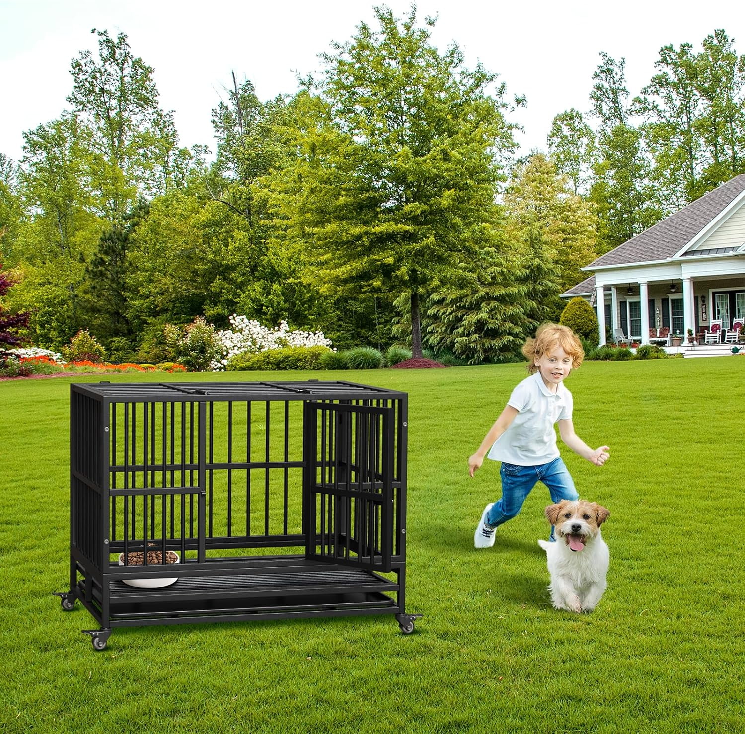 Historyli Large Heavy Duty Dog Crate-37 Inch Metal Dog Cage Kennel Portable Crate-Indoor/Outdoor with Double Door Lockable Wheels and Removable Tray for Small Medium Large Dogs