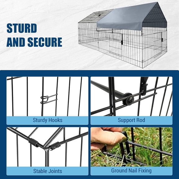 Historyli Large Metal Chicken Coop-Chicken Coop Run with Waterproof Cover Outdoor Backyard Farm Animal Enclosure Crate Pet Playpen Exercise Pen for Hens Rabbit Duck-Gray