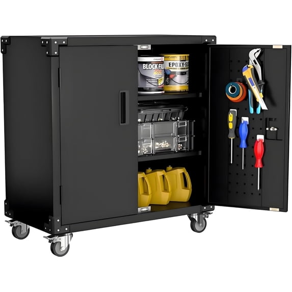 Historyli Metal Storage Cabinet with Wheels,Lockable Garage Cabinet with 2 Adjustable Shelves and Locks & 4 Wheels Rolling Tool Storage for Garage,Warehouse,Black