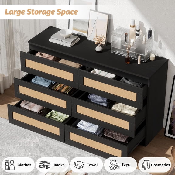 Historyli Modern Rattan Dresser, 6-Drawer, for Bedroom, 47 Inch, Black
