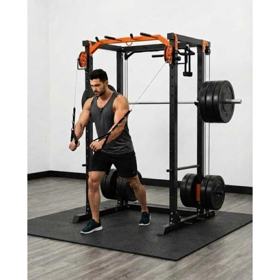 Historyli Multi-Functional Power Rack with LAT Pulldown & Cable Crossover System, Home Gym, Orange/Black