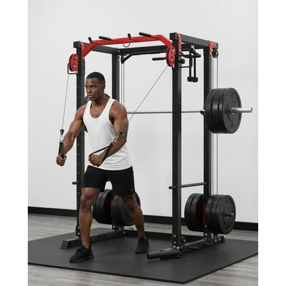 Historyli Multi-Functional Power Rack with LAT Pulldown & Cable Crossover System, Home Gym, Red/Black